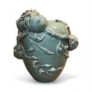 Elegant Large Celadon Vase, Chinese; Featuring High-Relief Sculpted DecorFlowers